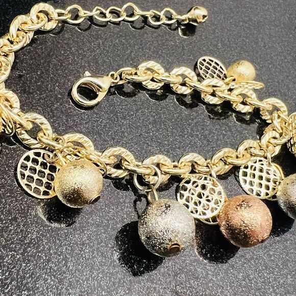 Vintage Textured Dangle Bracelets Gold Silver Copper Tone Ball Charms 1438 - Picture 5 of 10